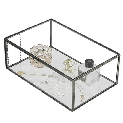 Glass Jewelry Display Box with Hinged Lid, Keepsake Box, Clear Card Box - color: Black, size: Large