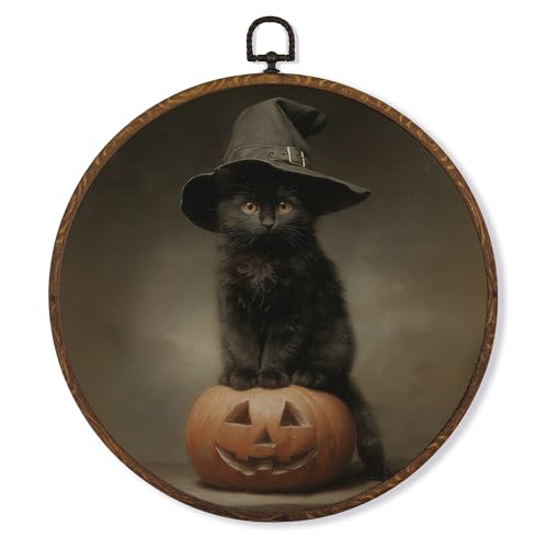 MOTERMATE Halloween Black Cat Wall Art Decor Round Framed, Dark Gothic Witchy Cat Pumpkin Canvas Wall Art Artwork Prints, Halloween Hanging Decor Decorations for Home Bedroom Living Room, 10x10 Inch