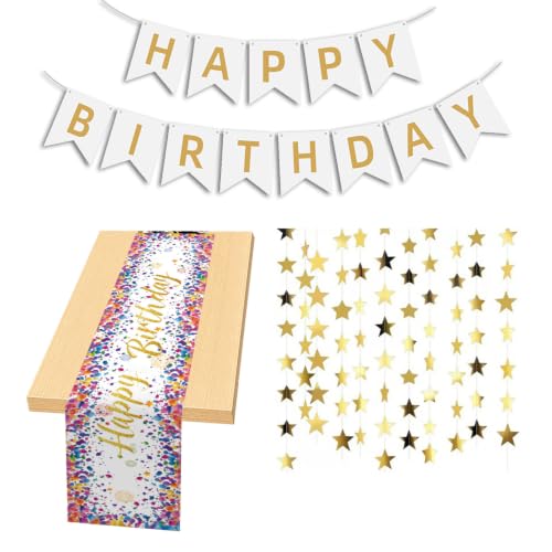 Happy Birthday Table Runner 13 x 72 Inch, Colorful Birthday Party Table Decorations with Banner and Gold Star Garland - color: White Suit