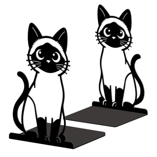 Peacoblue 5.3"x4.3"x7.9" Metal Bookends, Heavy Duty Book Ends for Shelves - style: Siamese Cat