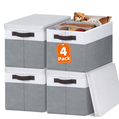 Extra Large Storage Baskets with Lids 4 Pack, 33 QT Throw Blanket Basket for Living Room - Stackable Decorative Closet Shelf Organizers and Storage Box for Organizing Clothes Towels Book - 16x12 in - color: White with Grey, size: 4pcs-Extra Large