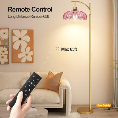 QIYIZM Pink Floor Lamp for Living Room,Bedroom,Gold Dimmable Standing Lamp with Remote,Mid Century Modern Brass Tall Lamp Boho Floor Lamps Arc Stained Glass Flower Floor Light Lamp Girls kids Bohemian - size: Floor Lamp--4