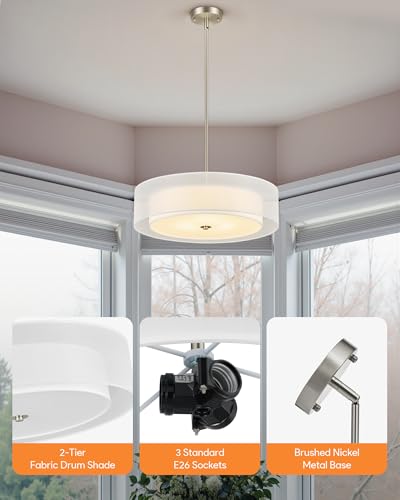 VONLUCE 20" Drum Chandelier, 3-Light White Fabric Pendant Light Fixture - color: Brushed Nickel, size: 20inch