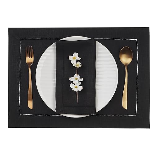 Signature Linen™ by D'Moksha, Black Placemats Set of 6, 14 x 19 Inch, 100% Pure Linen Table Mats, Hemstitch, Machine Washable Cloth Placemats- Fall, Weddings, Outdoor Hosting - color: Black, size: Set of 6 (14 X 19 Inch)