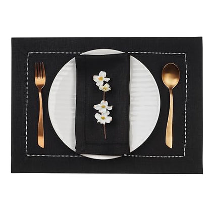 Signature Linen™ by D'Moksha, Black Placemats Set of 6, 14 x 19 Inch, 100% Pure Linen Table Mats, Hemstitch, Machine Washable Cloth Placemats- Fall, Weddings, Outdoor Hosting - color: Black, size: Set of 6 (14 X 19 Inch)