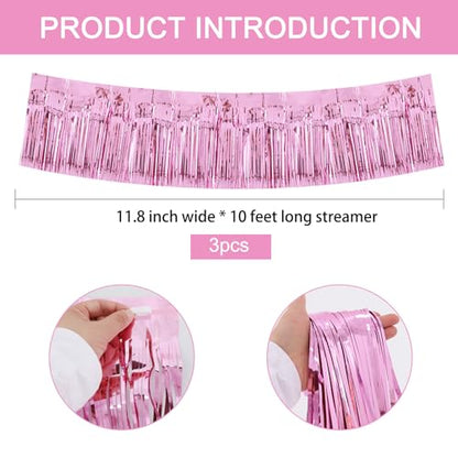 BEISHIDA Pink Fringe Garland Banner 3Pack 30ft Wall Tinsel Foil Streamers - color: Bright Pink