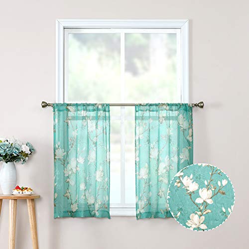 Tollpiz Floral Turquoise Sheer Tier Curtain Flower Print Vine Embroidery Kitchen Half Curtains Rod Pocket Café Voile Window Curtain for Bathroom, 30 x 36 inches Long, Set of 2 Panels - color: Turquoise, size: 30"W x 36"L (Pack of 2)