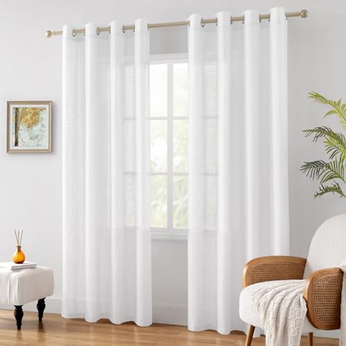 HOMEIDEAS White Sheer Linen Curtains 84 inches Long, 2 Panels Set - color: White, size: 52"W x 84"L (Pack of 2)