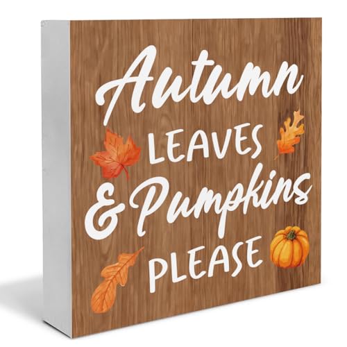 Fall Decor Pumpkins Maple Leaf Wooden Box Sign Farmhouse Fall Decorations Rustic Home Desk Shelf Tabletop Decor 5 x 5 Inches - color: Multicolor Autumn