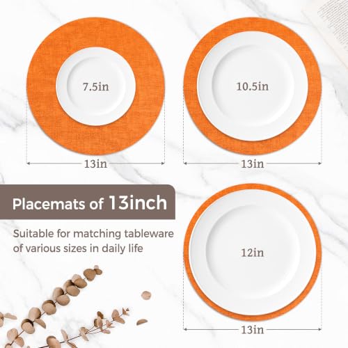13" Round Placemats Set of 6, Reversible Faux Leather Wipeable Table Mats - color: Orange