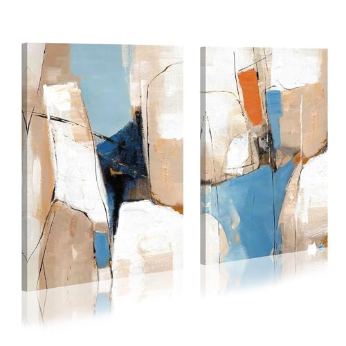 WALLSUP DECOR Abstract colorful pictures painting canvas - 2 Piece Khaki and Blue Abstract Modern wall art for Living Room Bedroom Office Wall Deocr(Abstract painting - color: Khaki and Blue, size: 11"x16"x2