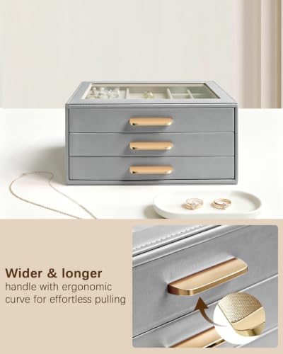 Homeanda Jewelry Boxes Organizer with Glass Lid, 3-Layer PU Leather, Grey - color: Grey, size: 3 Layer