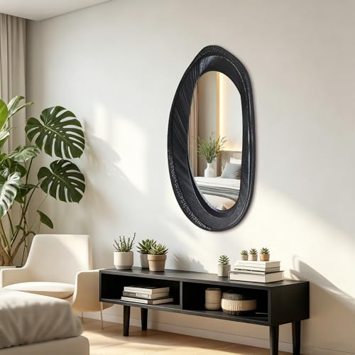 POZINO 47"X22" Large Irregular Wall Mirror, Black Asymmetrical Oval Mirror - size: 47"L x 22"W