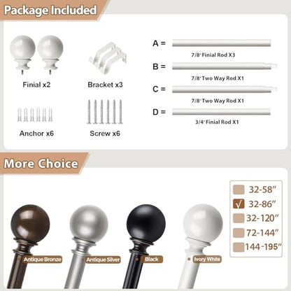 KAMANINA 7/8 Inch White Curtain Rod 32 to 86 Inch with Round Finials - color: Ivory White, size: 48-84"