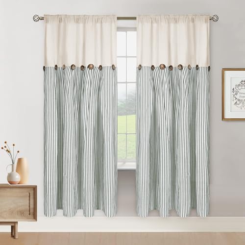ASPMIZ Cotton Linen Farmhouse Curtains Boho Rustic Button Curtain, Linen Window Curtain Panels Green Stripe Country Curtains for Living Room Bedroom, Rod Pocket Window Drapes, 52 x 63 Inch, 2 Panels - color: Beige&green, size: 52"W x 63"L (Pack of 2)