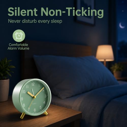 JALL Analog Alarm Clock, 4 inch Super Silent Non Ticking Small Clock with Night Light, Battery Operated, Simple Design, Easy Setting for Office, Bedroom, Bedside, Desk, Teens, Elders, Adult, Green - color: Deep Green