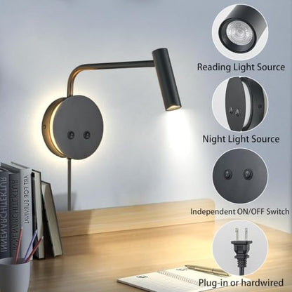 Matte Black Wall Mounted Reading Light 2 Pack, 3000K Flexible Headboard Reading Sconces with On Off Switch Control, Plug In/Hardwired Wall Light Fixtures with Night Light for Bedside Bedroom Bunk - color: Black-warm white light-2 Pack