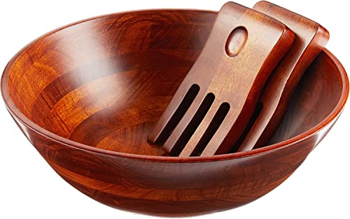 Lipper International Rubberwood Footed Bowl with Cherry Finish for Fruits, Salads, or Popcorn, Large, 13.75" Diameter x 5" Height, 216.41 Fl. Oz., 3-Piece Set with Salad Hands - size: Large, style: 3-Piece Set with 2 Salad Hands