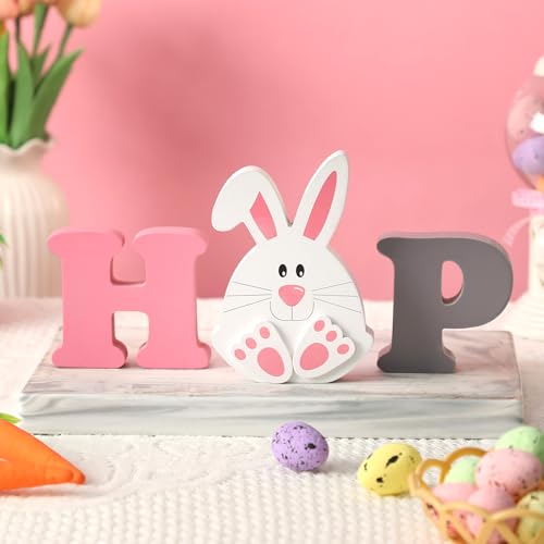 Easter Bunny Decor HOP Sign - Decorations for Home Wooden Tiered Tray Decor Block Letters Tabletop Cutout Word Decor with Bunny Ears Cute Farmhouse Coffee Bar Accessories, Funny Decorations for Bedroom Living Room Shelf Table