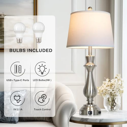 Cinkeda Silver Touch Lamps for Night Stands Set of 2-29.5" Tall Bedside Lamp with USB C+A, 3 Way Dimmable Bedroom Lamps, Brushed Nickel Table Lamps for Living Room - color: Silver