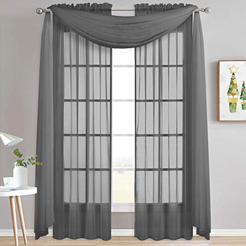 NICETOWN Dark Grey Scarf Valances for Windows, Decorative Soft Voile Sheer Window Scarfs for Farmhouse/Cottage, W60 x L216, Sold by 2 Panels - color: Dark Gray