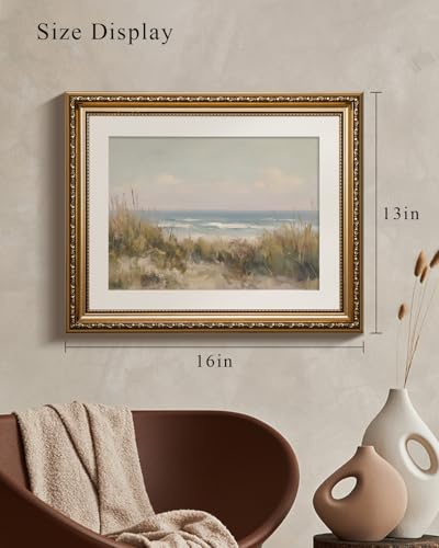 VIYYIEA Gold Framed Coastal Wall Art Summer Beach Canvas Print, 13×16 Inch - color: Beach Oil Painting, size: 16"L x 13"W