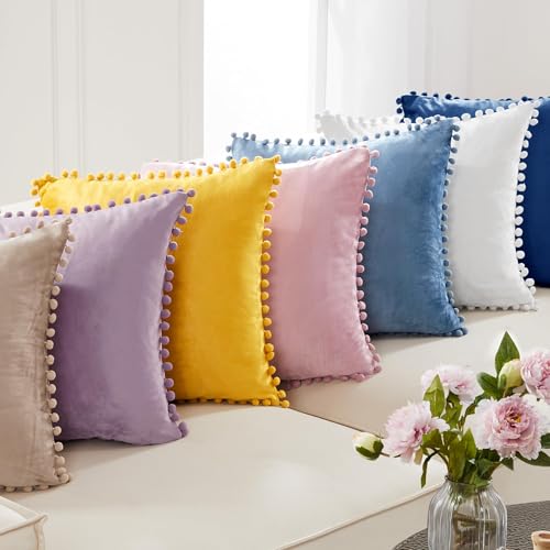 Deconovo Velvet Throw Pillow Covers, Set of 2, 16” x 16” Navy, Square Pom-poms Hidden Zipper Cover for Living Room - color: Navy, size: 16" x 16" (Pack of 2)