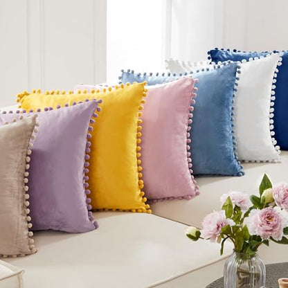 Deconovo Velvet Throw Pillow Covers, Set of 2, 16” x 16” Navy, Square Pom-poms Hidden Zipper Cover for Living Room - color: Navy, size: 16" x 16" (Pack of 2)