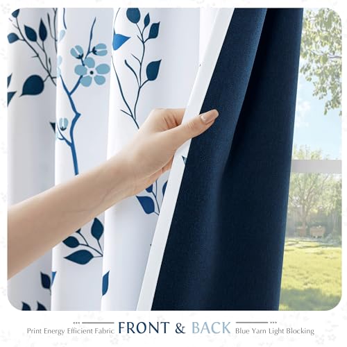 Beauoop Floral 100% Blackout Curtains for Bedroom Navy Blue 52X84 2 Panels