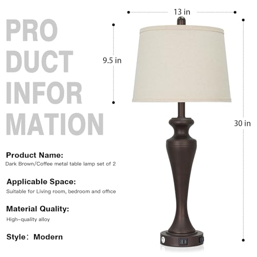 30 Inch Dark Brown Table Lamp Single, 3-Way Touch Control Bedside Lamp with USB A+C Ports and AC Outlet, Tall Living Room Lamps for End Table, Elegant Coffee Bedroom Lamps for Night stand, Coffee - color: Brown-1PK