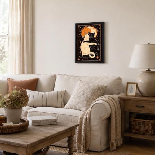Black Framed Cat Wall Art, Celestial Pictures Wall Decor, 12x16 in - color: Gold-Cats
