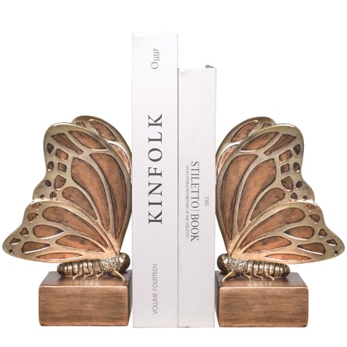 Vintage Brown Butterfly Bookends,Resin Book Ends for Shelves,Heavy Duty Decorative Bookends,Creative Book Stopper Holder Decor for Desk Home Office,Shelf Decoration,Gifts for Mother's Day - color: Brown