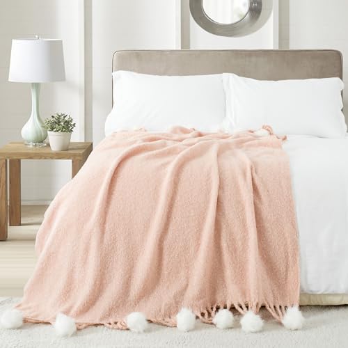 Pink Pom Pom Throw Blanket for Couch, 50"X60" Soft Lightweight Knitted Farmhouse Decorative Blankets for Bed and Sofa - color: Pom-pink, size: 50"x60"