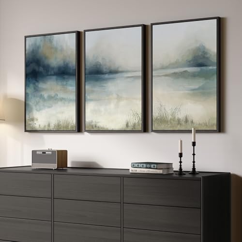 Large Framed Blue Abstract Landscape Wall Art, 3 Piece Set, Each 20x30 In - color: Misty Lake, size: 20" W x 30" H x 3pcs