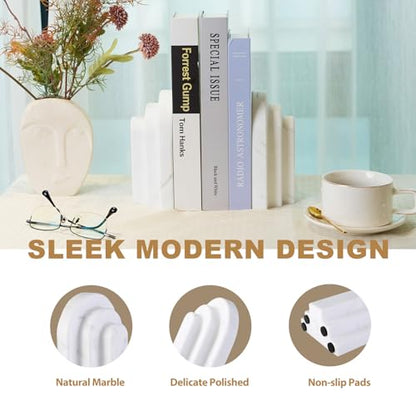 Natural Marble Book Ends - Heavy Duty Bookends for Shelves - Aesthetic Layered Arch Design Stone Book Holders, Decorative Modern Office Bookshelf Stopper Decor for Books/CDs, White - style: Arched-White