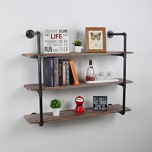 MBQQ Industrial Pipe Shelving Wall Mounted,48in Rustic Metal Floating Shelves,Steampunk Real Wood Book Shelves,Wall Shelf Unit Bookshelf Hanging Wall Shelves,Farmhouse Kitchen Bar Shelving(3 Tier) - color: 3-layer, size: 48in