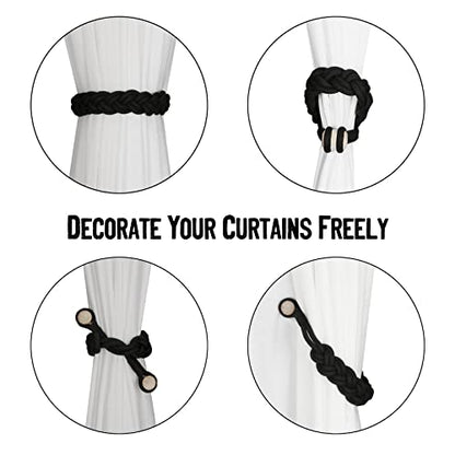 BEL AVENIR Curtain Tiebacks Magnetic 2 Pack Woven Drapery Holdback - color: Black-2pack