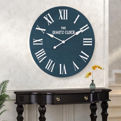 ARTPOWER 35.5" Extra Large Farmhouse Wall Clock,Solid Wood Veneer,Navy Blue - color: Blue, size: 35.5"W x 35.5"H