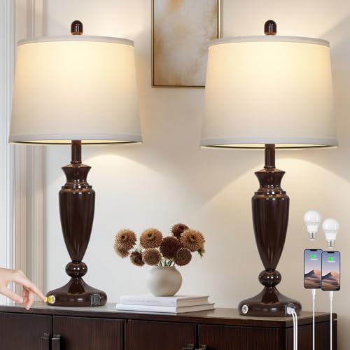 Rinweey 27'' Brown Living Room Lamps Set of 2, 3 Way Touch Control Table Lamps with USB A+C Ports, Modern Bedside Lamps, Elegant Metal Nightstand Lamps for Bedroom Office End Table Decoration - color: Brown-27"H
