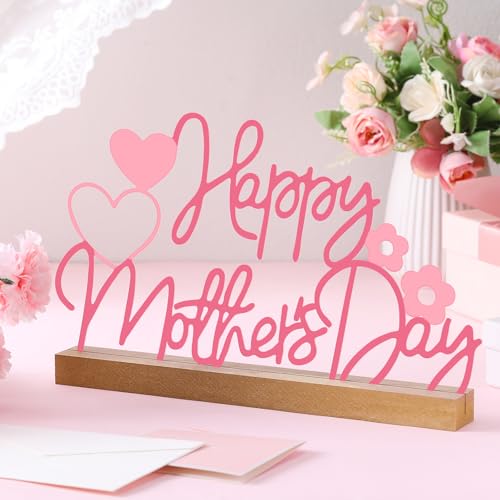 Yaocom 9.84 Inch Metal Mother's Day Table Decoration Happy Mother's Day Letter Sign Mom Tiered Tray Decor with Wooden Base Freestanding Word Sign for Home Tabletop Centerpiece Mantel Shelf Fireplace - style: Mother's Day