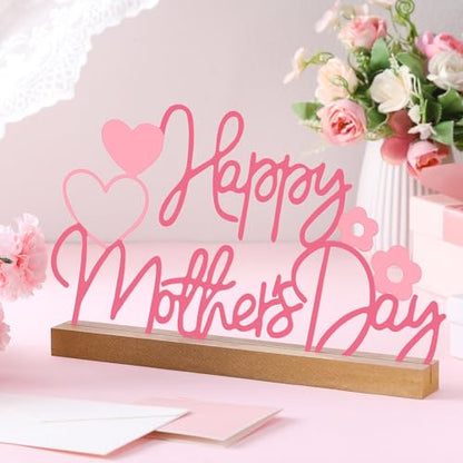 Yaocom 9.84 Inch Metal Mother's Day Table Decoration Happy Mother's Day Letter Sign Mom Tiered Tray Decor with Wooden Base Freestanding Word Sign for Home Tabletop Centerpiece Mantel Shelf Fireplace - style: Mother's Day
