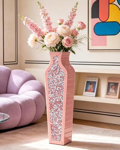 SHYFOY Pink Crushed Diamond Mirrored Floor Vase, 26.8" Tall - color: Pink, size: 26.8"H x 7.8"L x 4.7"W