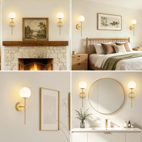 Globe Battery Operated Sconce Set of 2 with Clear Glass Lampshade - color: Gold- Frosted White