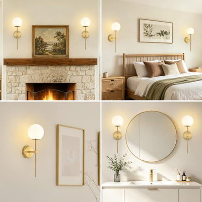 Globe Battery Operated Sconce Set of 2 with Clear Glass Lampshade - color: Gold- Frosted White