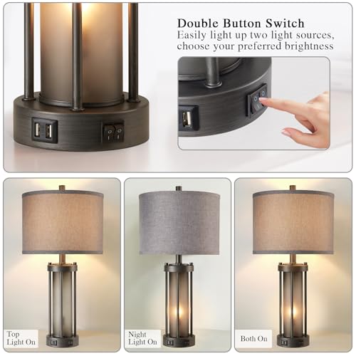 RORIA Set of 2 Rustic Table Lamps for Living Room with 2 USB Ports - color: Gray
