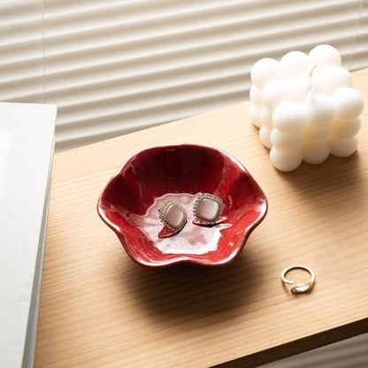 Ceramic Ring Dish, Jewelry Trinket Tray for Rings and Earrings - color: Red Surface