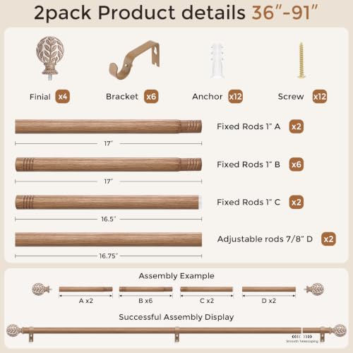 2 Pack Curtain Rod 36-91 Inch, Boho Wood 1 Inch Window Curtain Rod - color: White Wood, size: 36''-91'' (2 Pack)