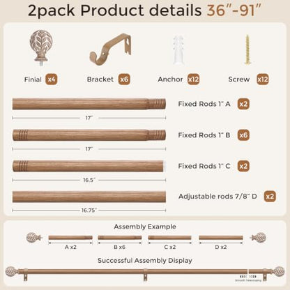 2 Pack Curtain Rod 36-91 Inch, Boho Wood 1 Inch Window Curtain Rod - color: White Wood, size: 36''-91'' (2 Pack)