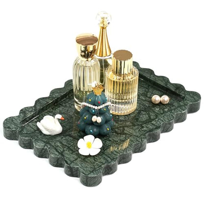 Scalloped Green Marble Tray - Large Home Decorative Stone Vanity Perfume Candle Plates for Bathroom Accessories Coffee Table, Key Dish for Kitchen Countertop Entryway (10.6" x 7.4" x 0.8")