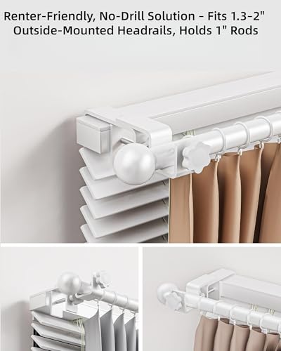 Over-Blinds Curtain Rod Brackets for Outside-Mounted Blinds, Blinds Curtain Rod Brackets for 1.3–2” Rectangular Headrails, Tool-Free No-Drill Installation for Apartments, Rentals Set of 3 (White) - size: White-3 Pcs